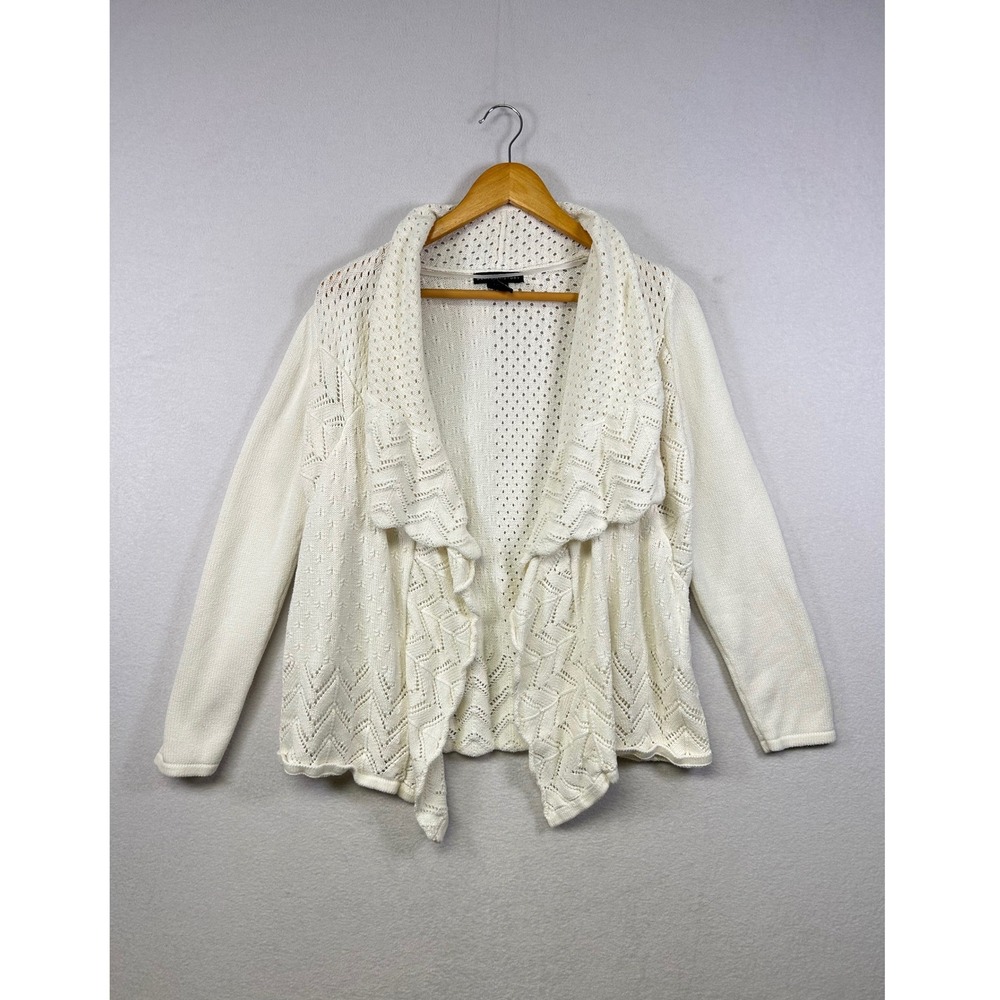 Design History Women Cream Pearl Open Front Knit Cardigan‎ Sweater M
